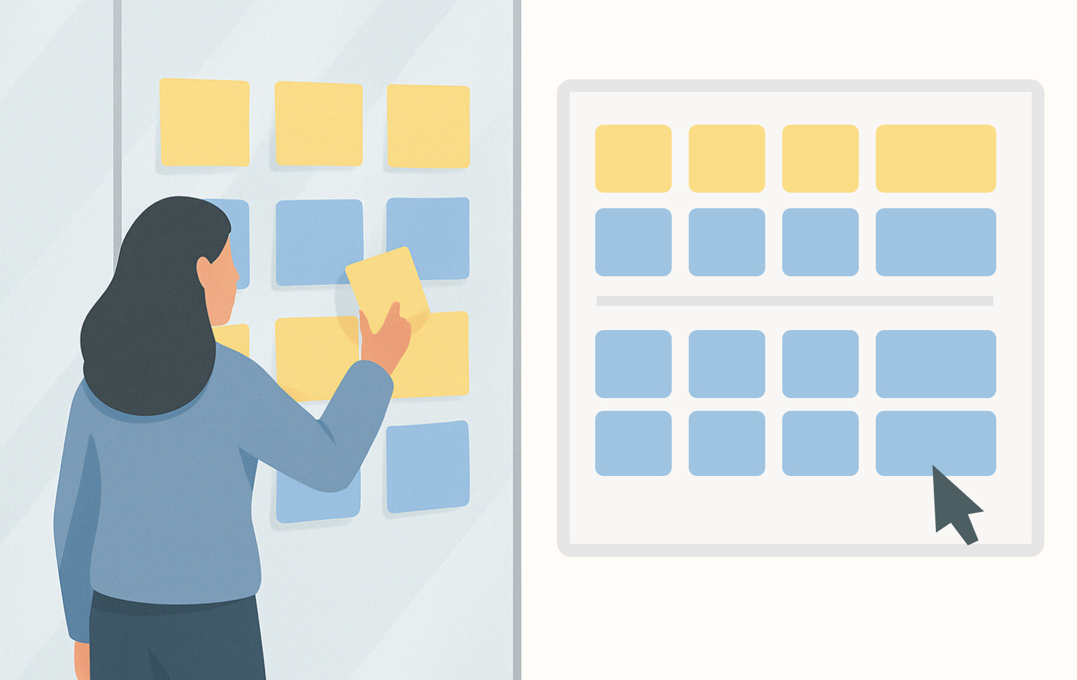 Split view showing physical story mapping with sticky notes versus a digital story map in a tool like Miro